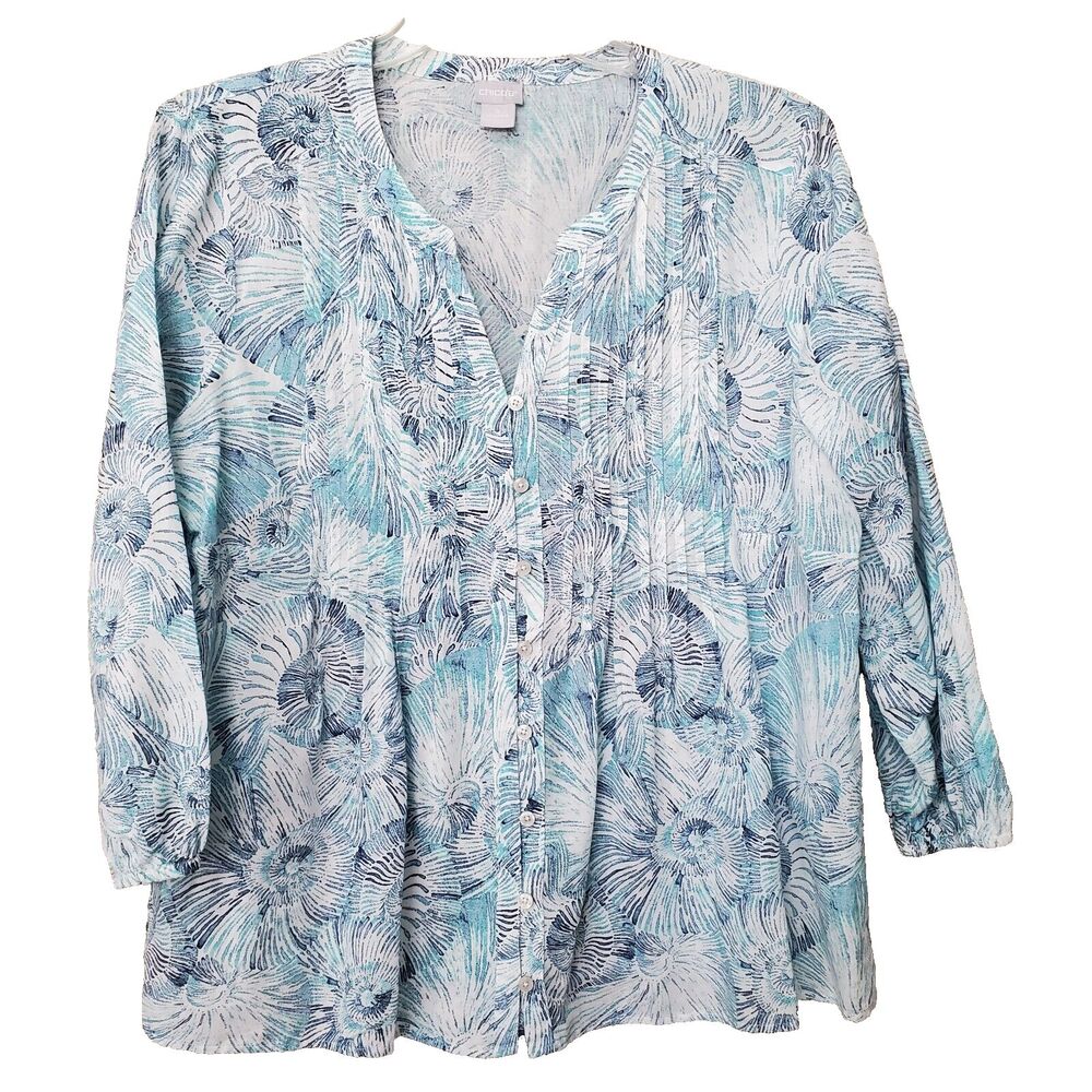 Chico's Linen/Cotton Banded Pleated Fossil Finds Peasant Button-Up Top Sz 3 (XL)